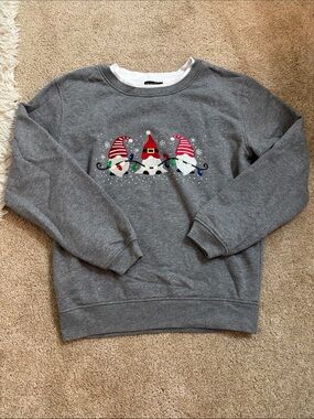 Gray Crewneck Sweater with Holiday Gnome Embroidery
